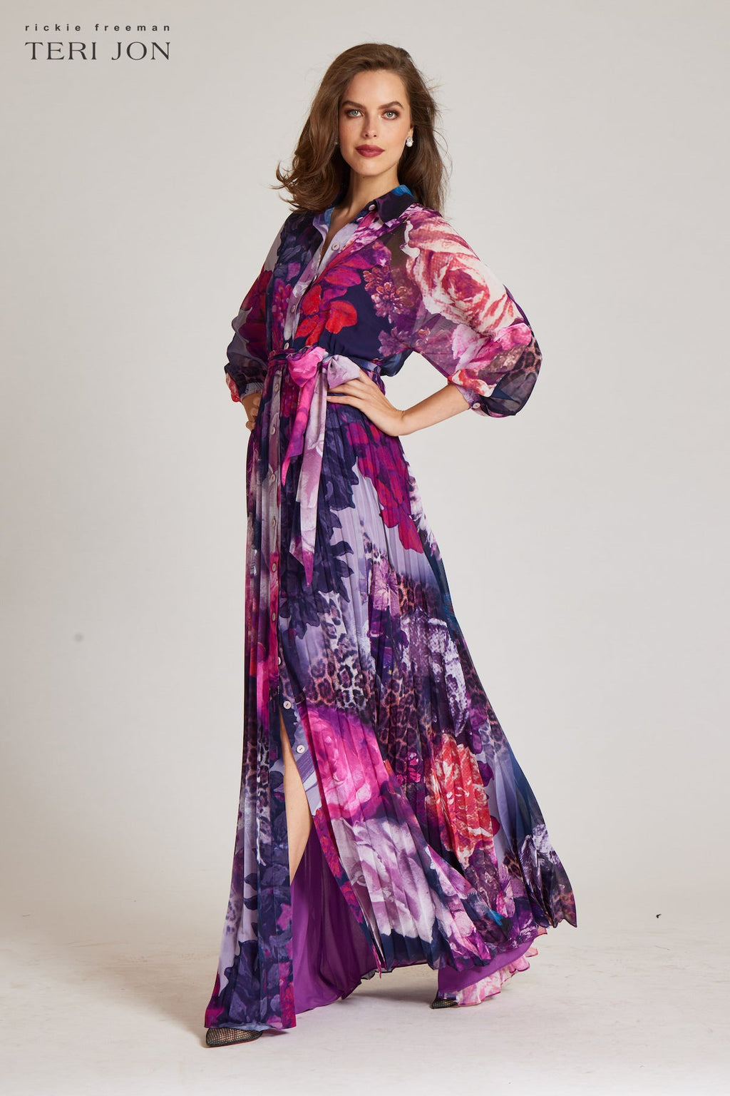Chiffon Floral Pleated Long Sleeve Dress Ballin's LTD Chiffon Floral Pleated Long Sleeve Dress Ballin's LTD