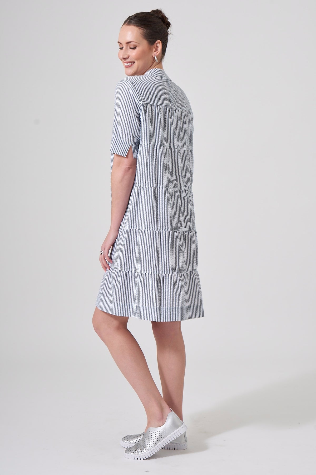 39" Seersucker Striped Short Sleeve Dress with Tiered Back