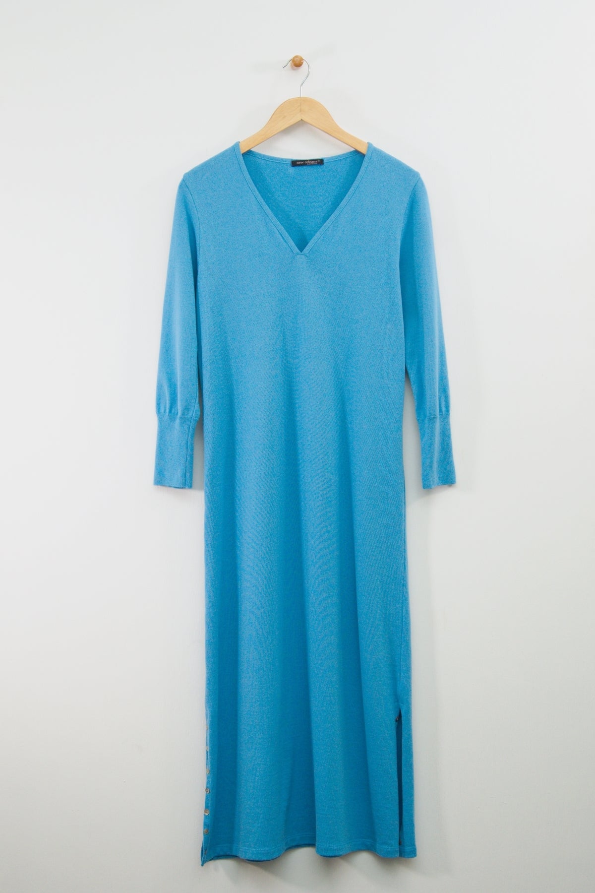 48" ¾ Sleeve V-Neck Dress with Button Detail