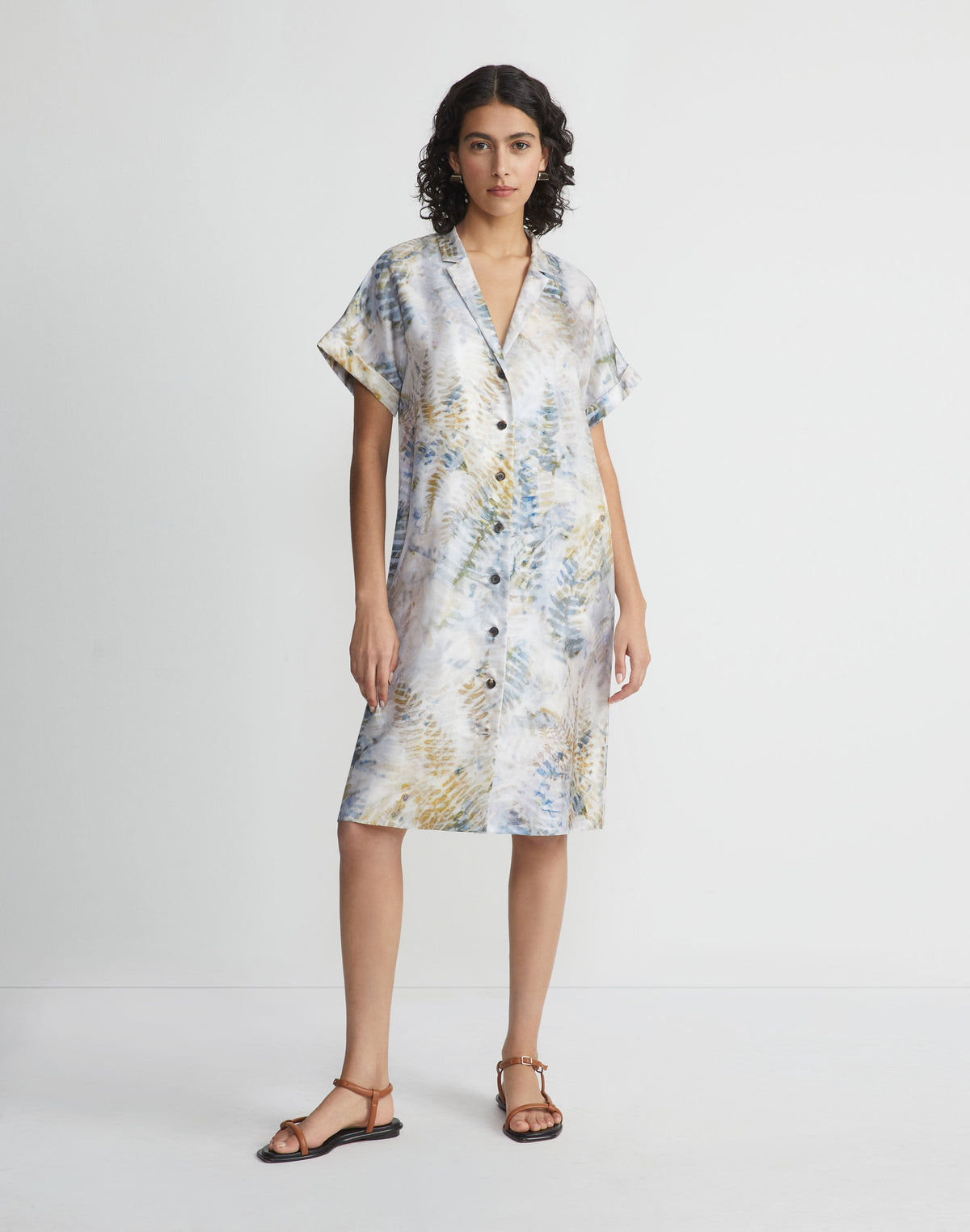 Eco Fern Print Silk Twill Tunic Button Dress