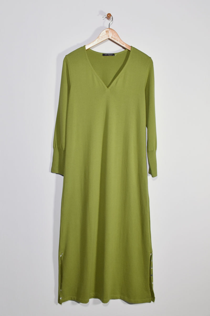 48" ¾ Sleeve V-Neck Dress with Button Detail New Orleans Knitwear
