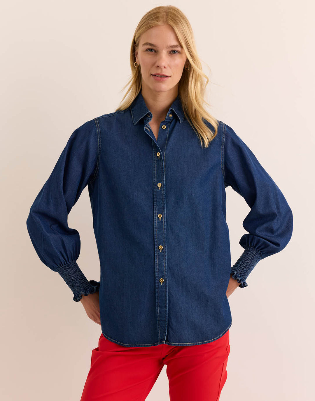 Oversized Smocked Long Sleeve Dark Wash Denim Shirt