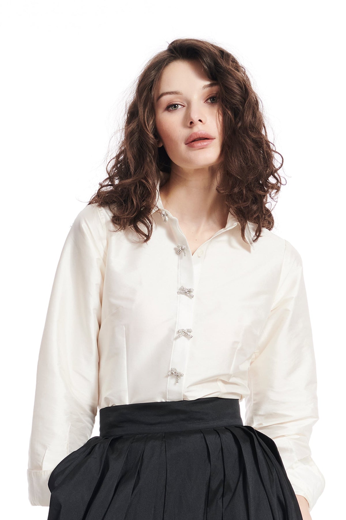Taffeta Top with Bow Buttons