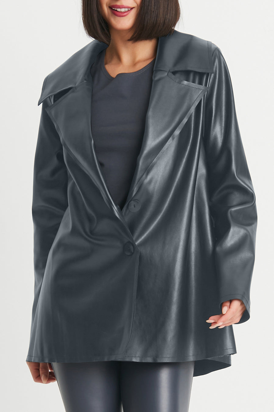 Insight Solid Vegan Leather Short Jacket With Shawl Collar & Hook & Eye  Closure In Green in Black