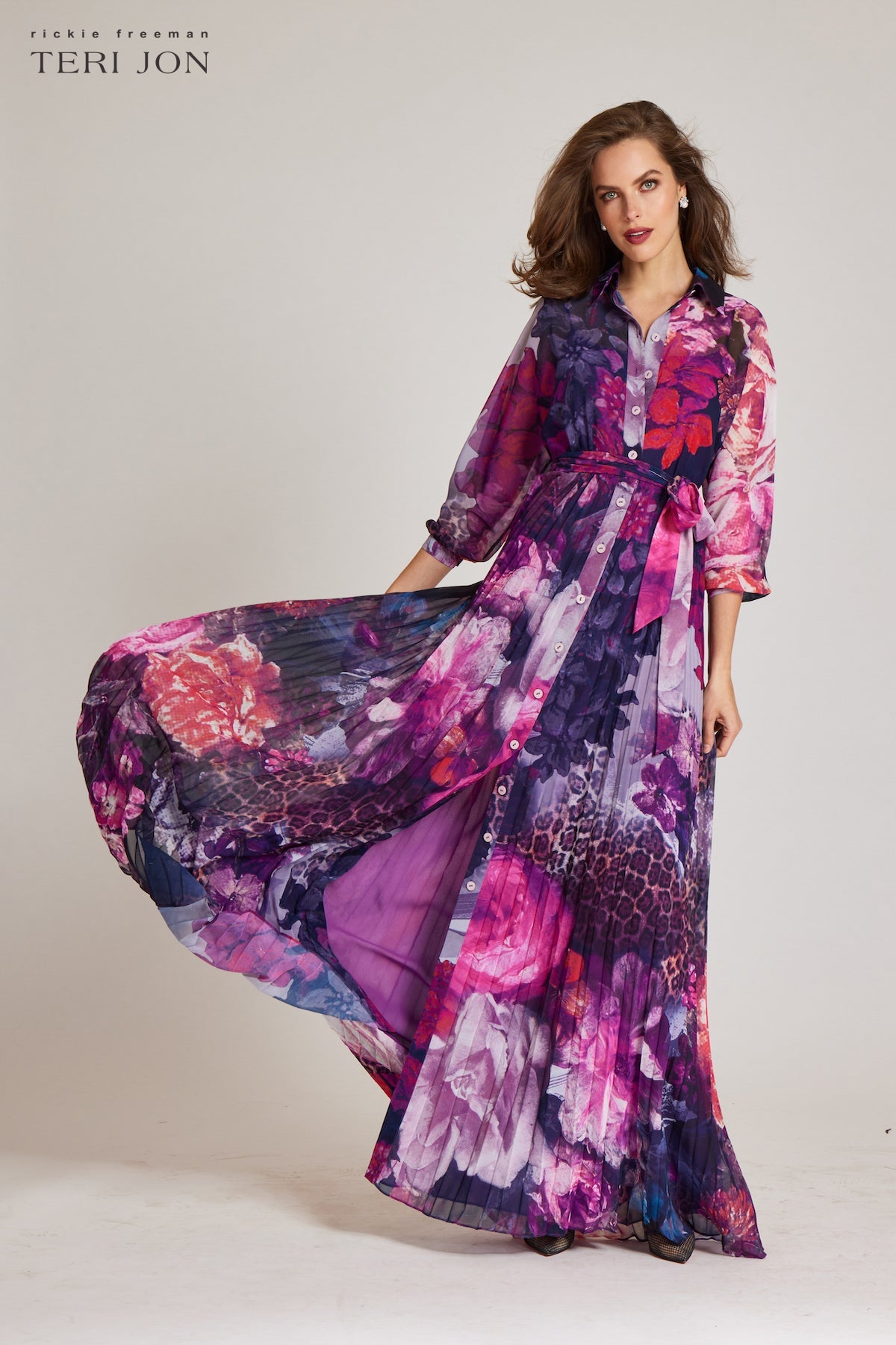 Chiffon Floral Pleated Long Sleeve Dress