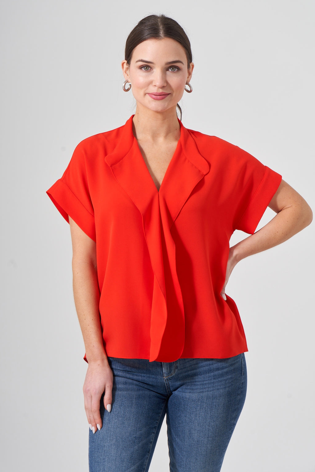 25" Oversized Short Sleeve Cascading Collar Blouse