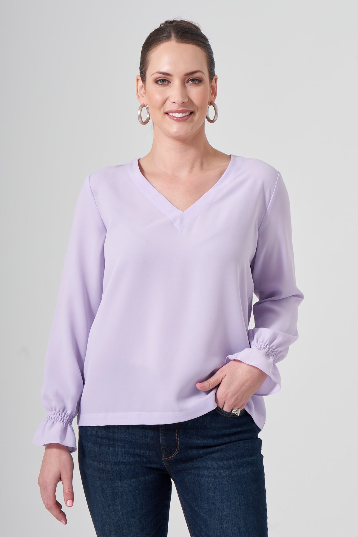 26" V-Neck Long Sleeve Smocked Cuff Top