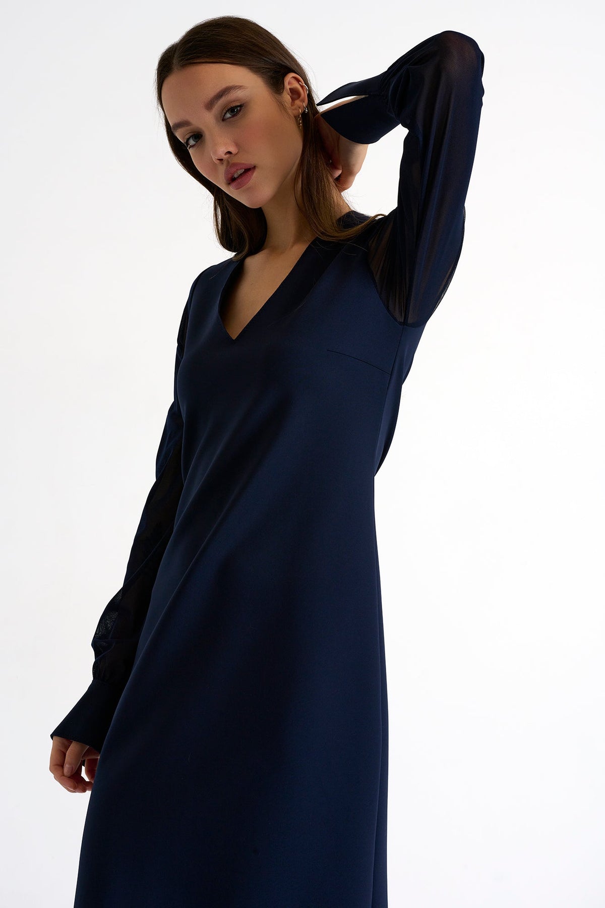 Sheer Sleeve Elegant Dress - 52367-75-550 02 / 550 Navy / 75% POLYAMIDE, 25% ELASTANE