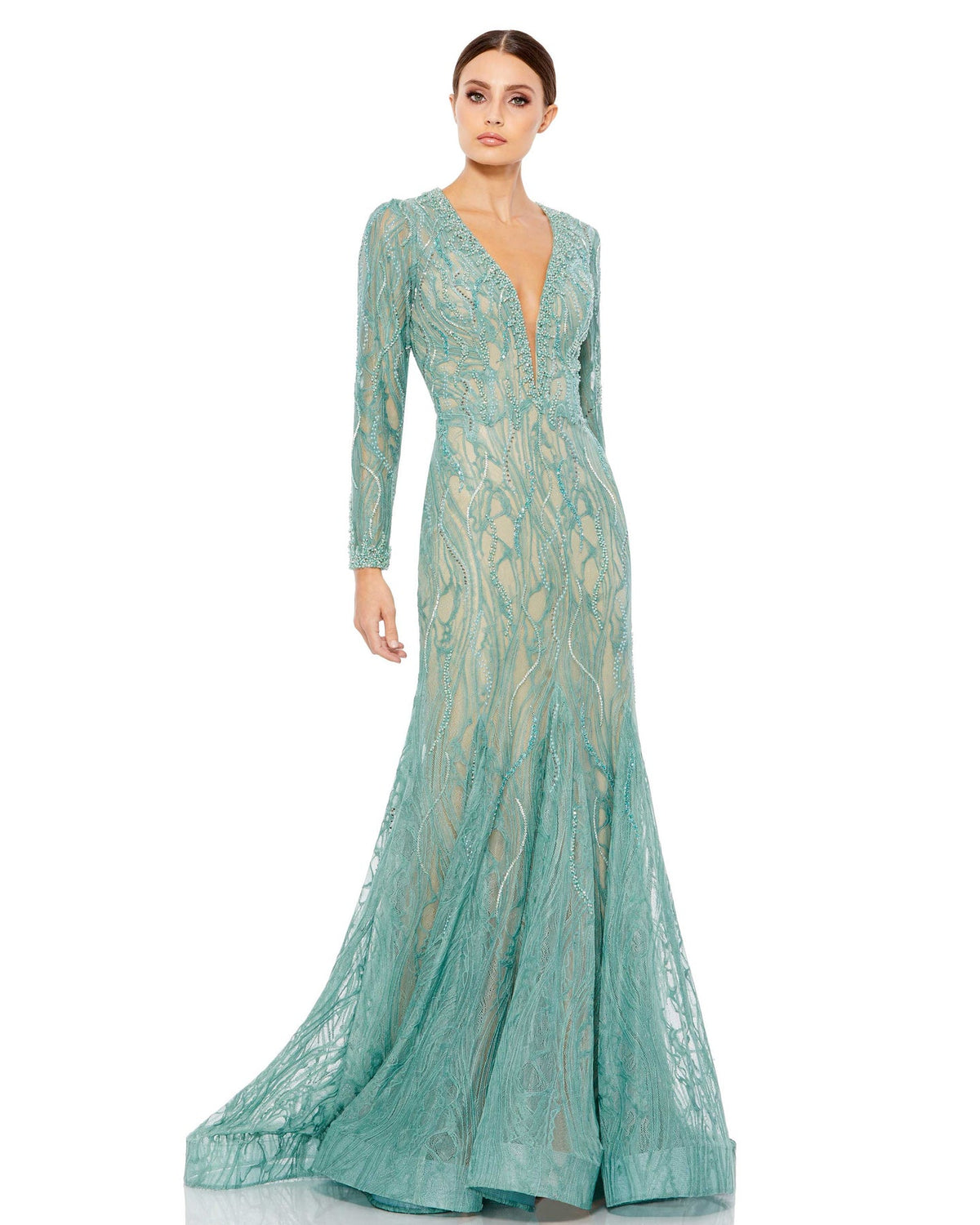 Beaded Illusion Long Sleeve Plunge Neck Gown MACDUGGAL