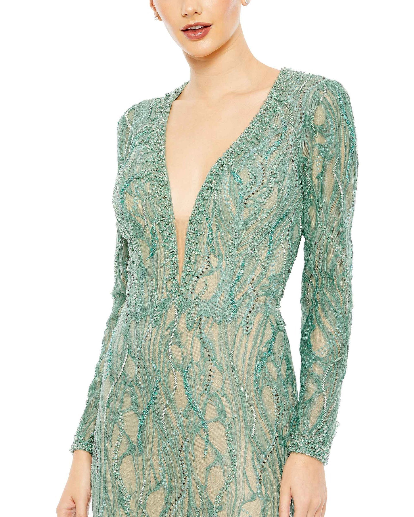 Beaded Illusion Long Sleeve Plunge Neck Gown - Ballin's LTD