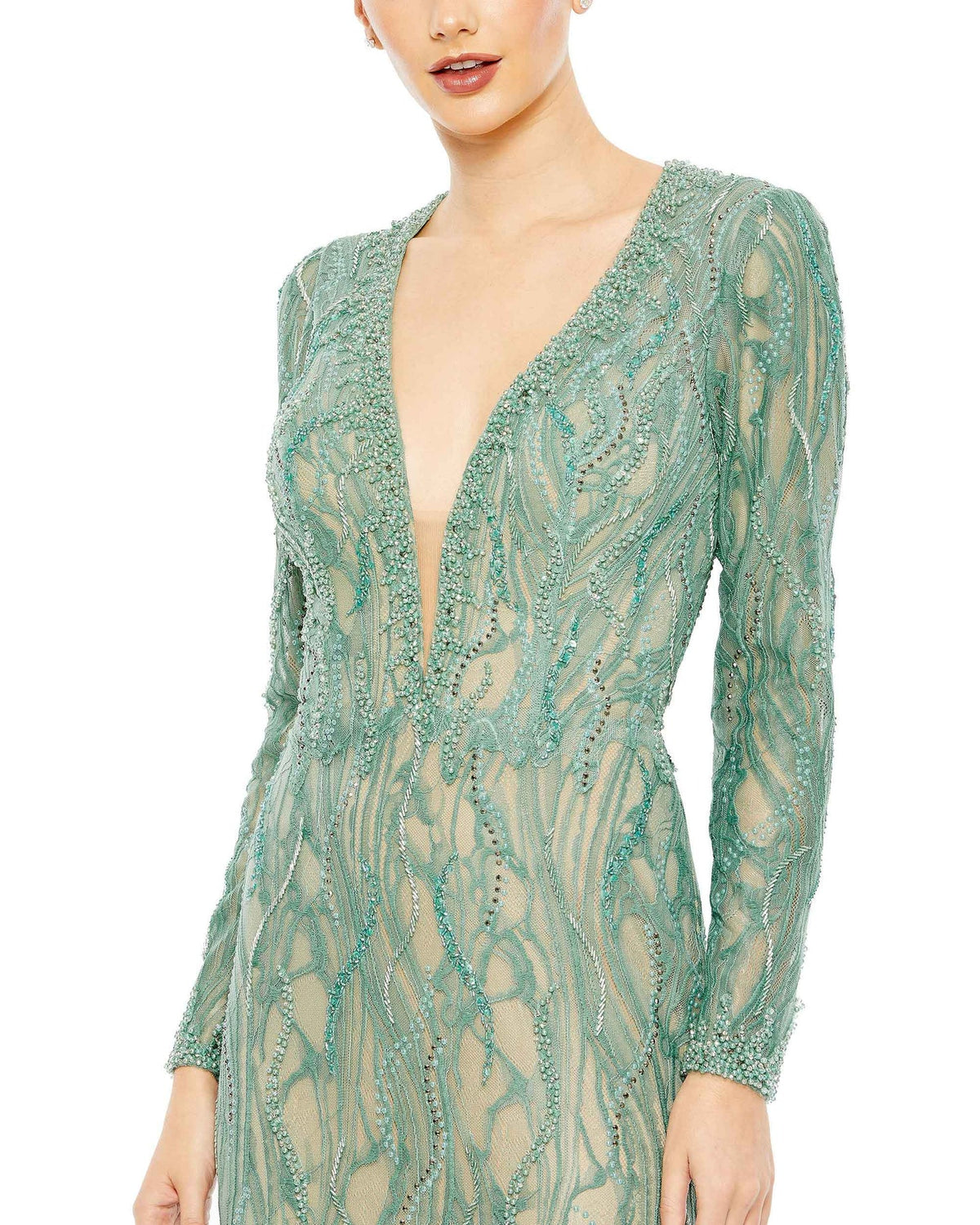 Beaded Illusion Long Sleeve Plunge Neck Gown - Ballin's LTD Beaded Illusion Long Sleeve Plunge Neck Gown - Ballin's LTD
