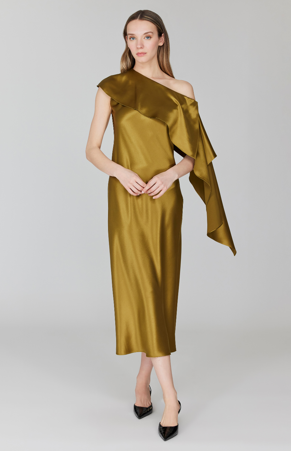 Satin Asymmetric Off The Shoulder Bias Dress