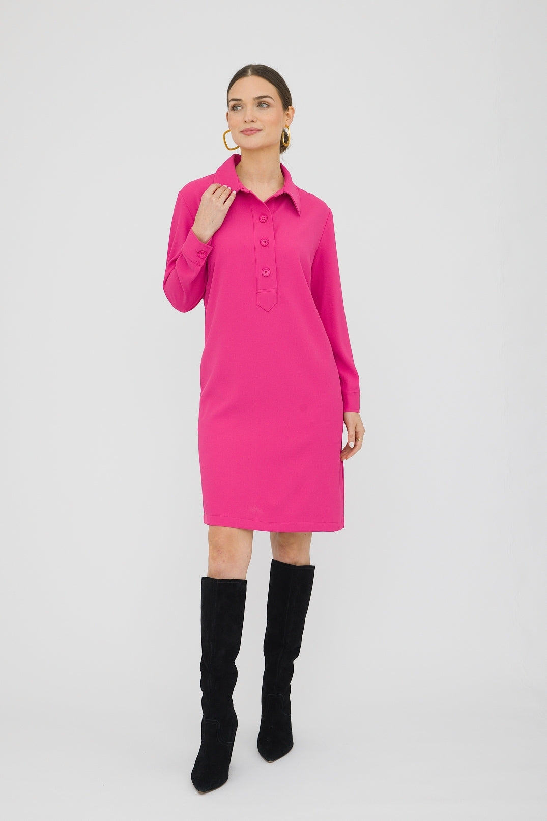 pink polo shirt dress 38" Long Sleeve Polo Collar Dress Black / XS
