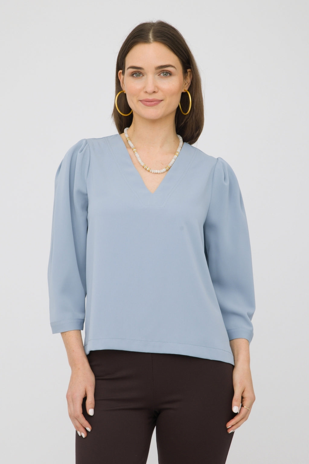 25" Elbow Sleeve V Top with Gathered Shoulder