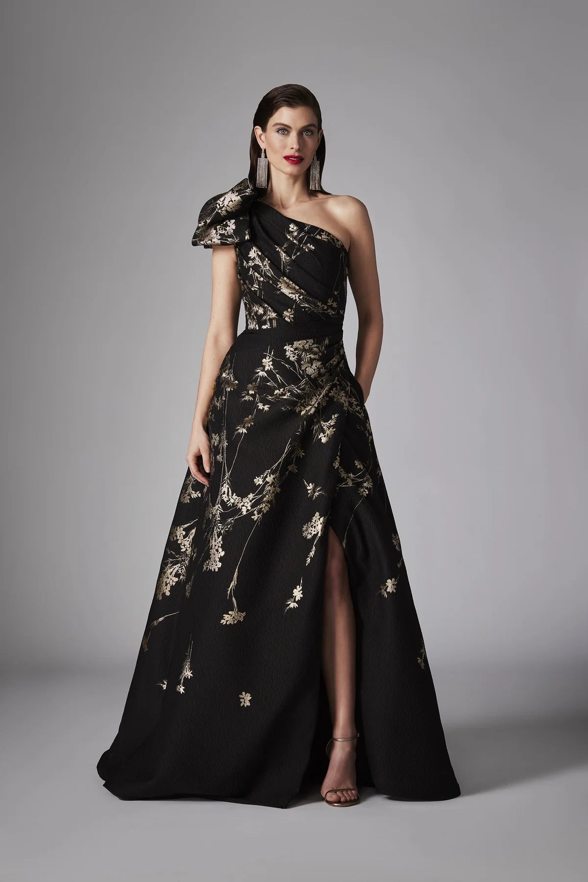 Floral Metallic One Shoulder Gown