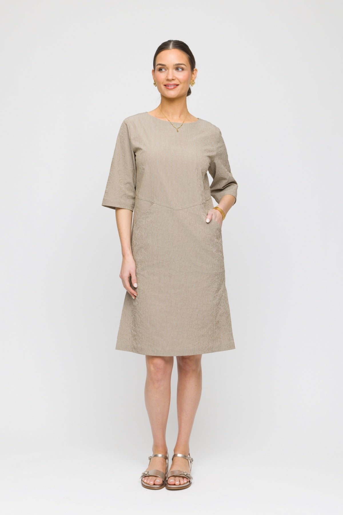 elbow sleeve dress knee length Donna Karan Weekend Women's Tricot Knit Elbow-Sleeve Collared Polo Dress - Nightfall