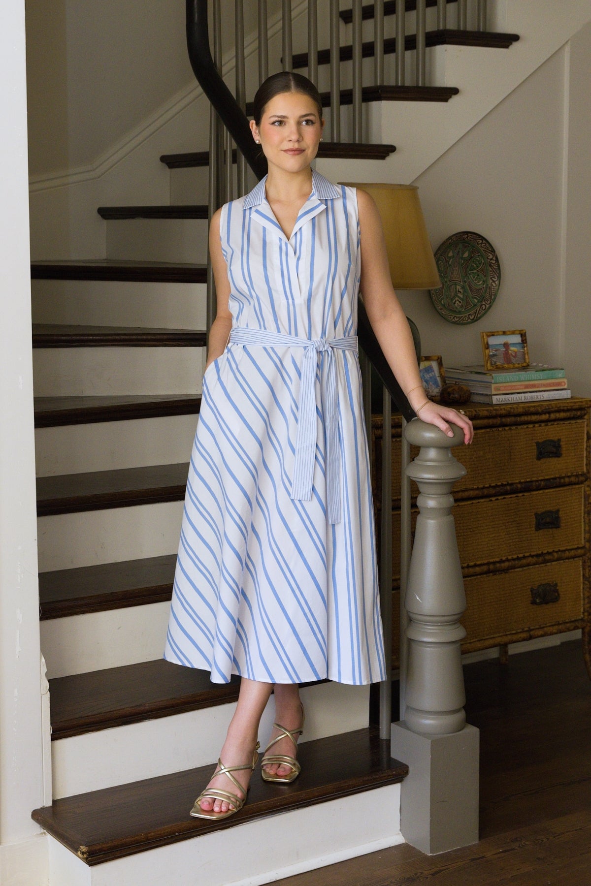 47" Contrast Stripe Sleeveless Shirtdress