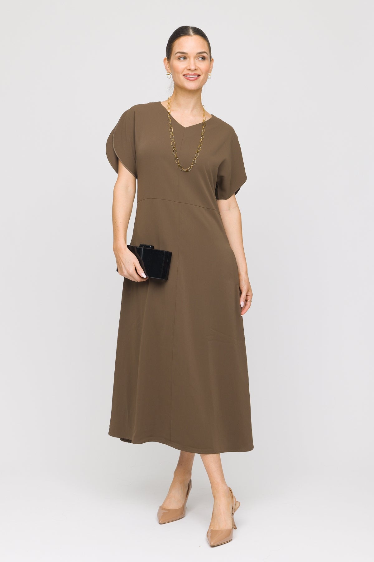 49" Petal Sleeve Empire Midi Dress Brown / L 49" Petal Sleeve Empire Midi Dress Brown / L