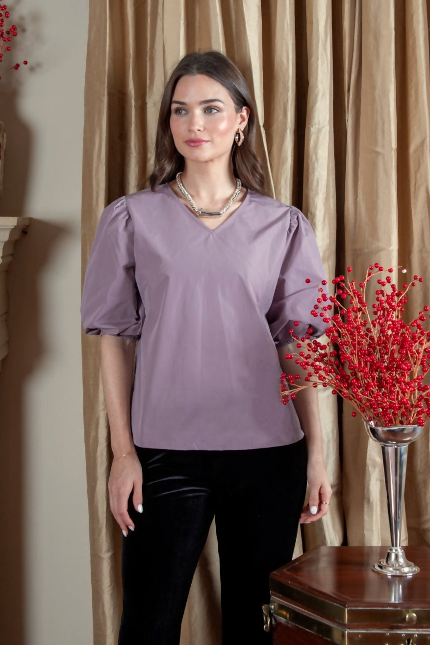 25" V-Neck Top with Puff Sleeves