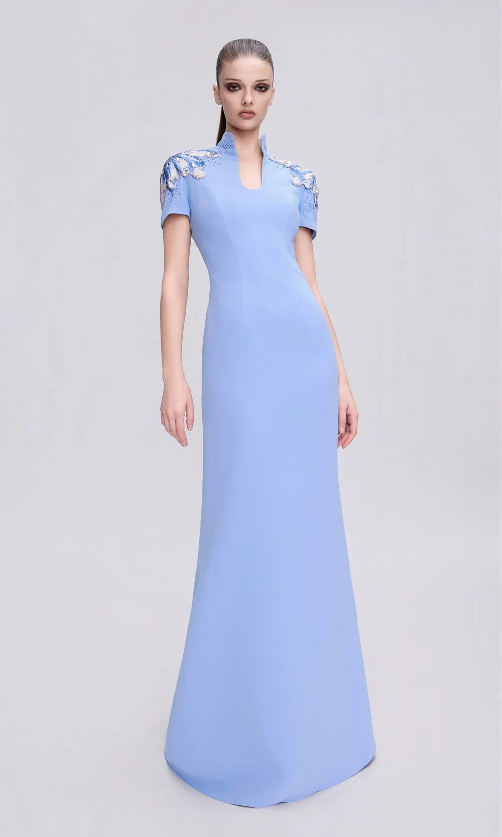 Beaded Shoulder Flowers Gown
