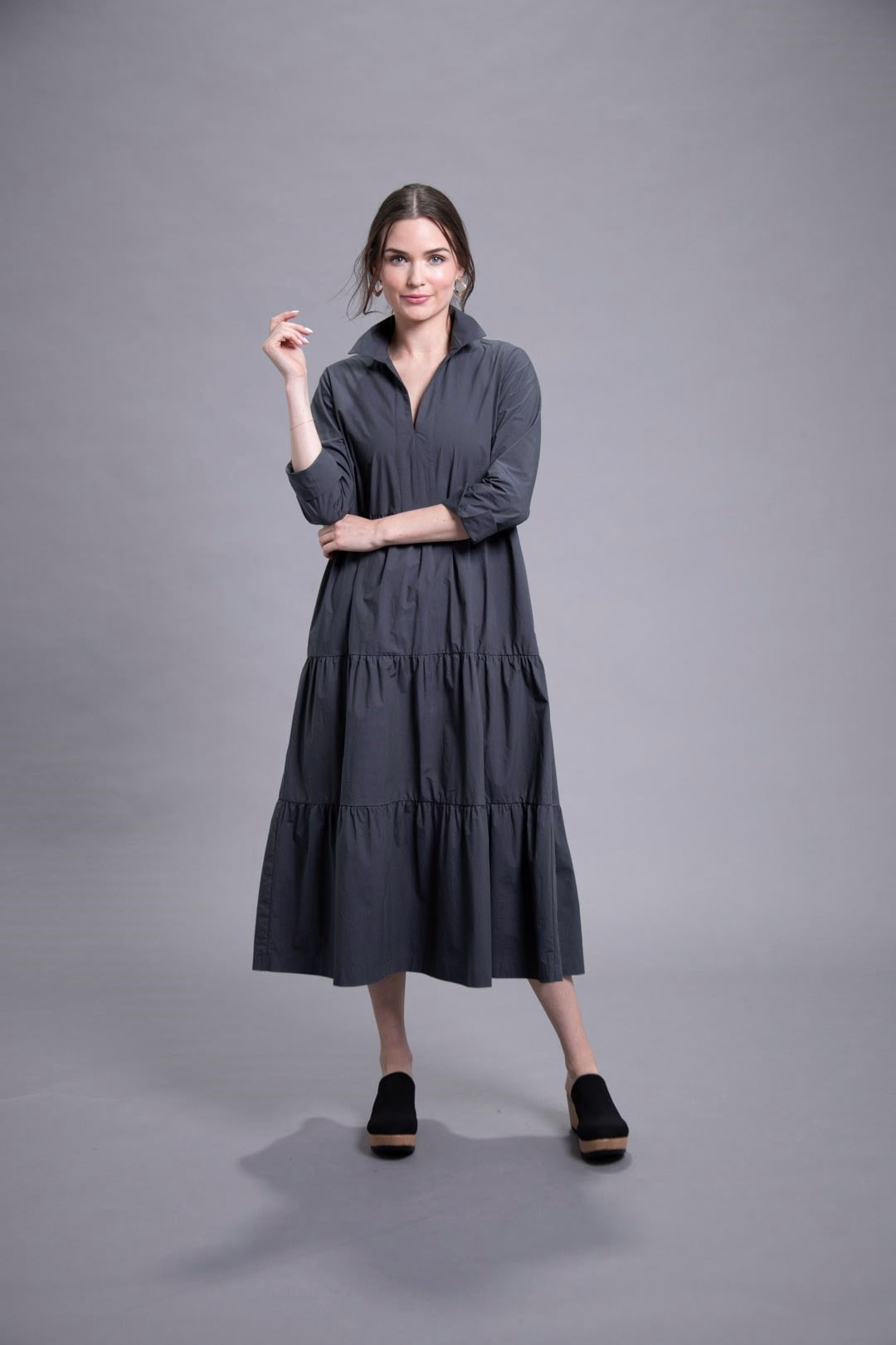 48” 3/4 Sleeve Shirt Collar Dress with Tiered Skirt Lilli Sucré