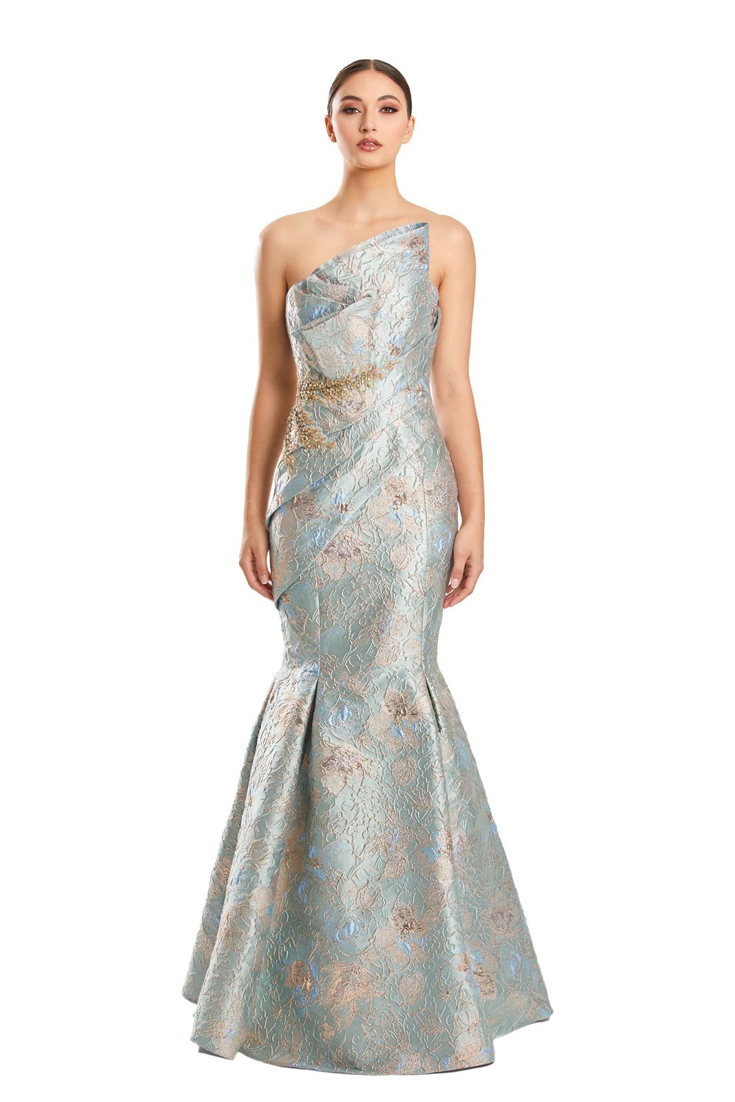 Draped Bustier Brocade Gown