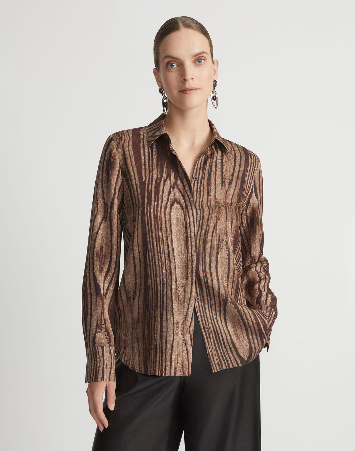 Wood Grain Print Silk Jacquard Button Blouse