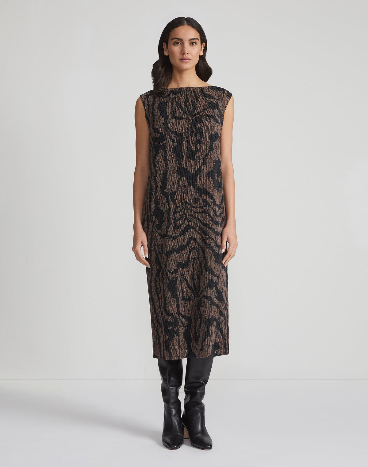 Wood Grooves Print Lace Plissé Dress