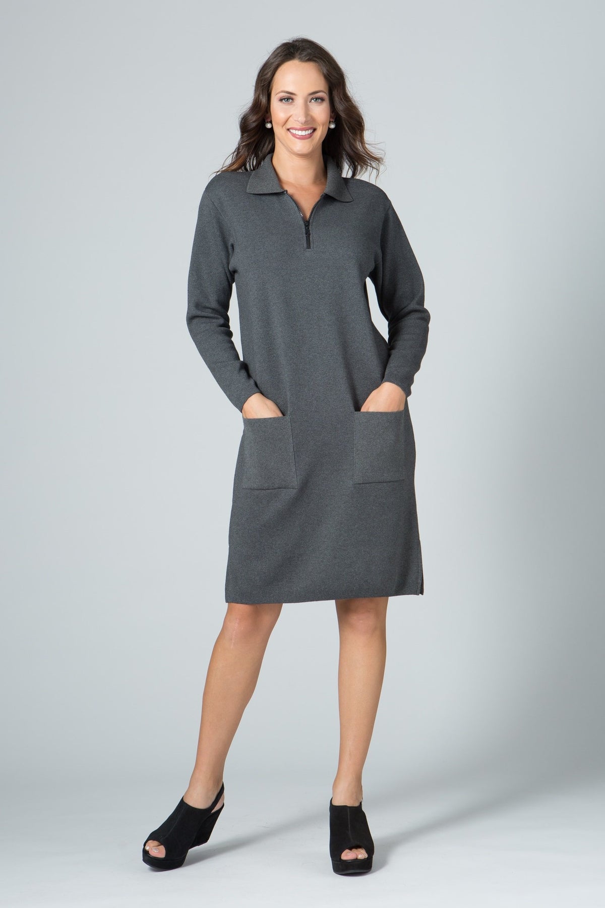 37” Long Sleeve Zip Polo Dress with Pockets New Orleans Knitwear