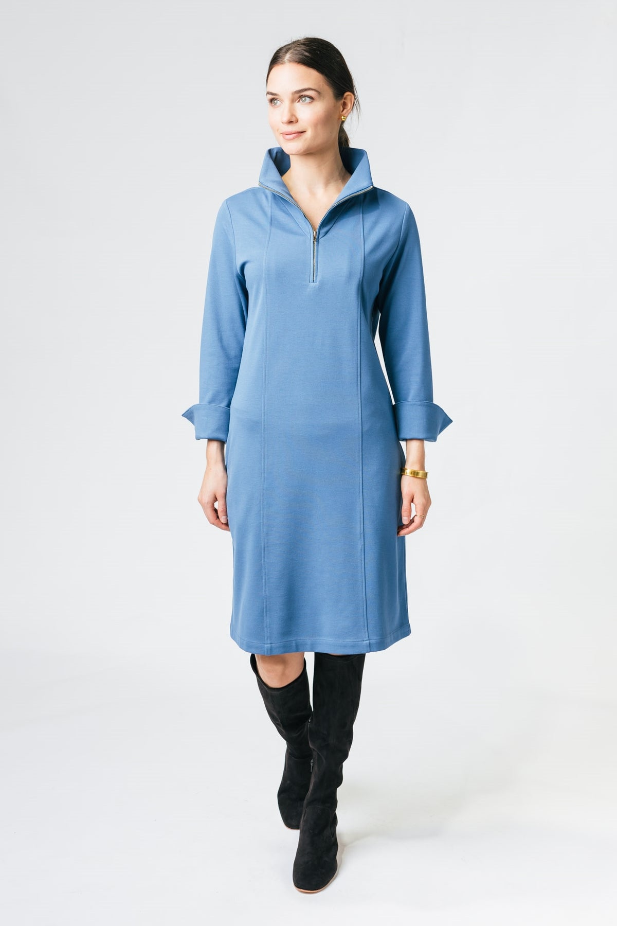 39” High Zip Collar Ponte Dress with Seam Details Amélline