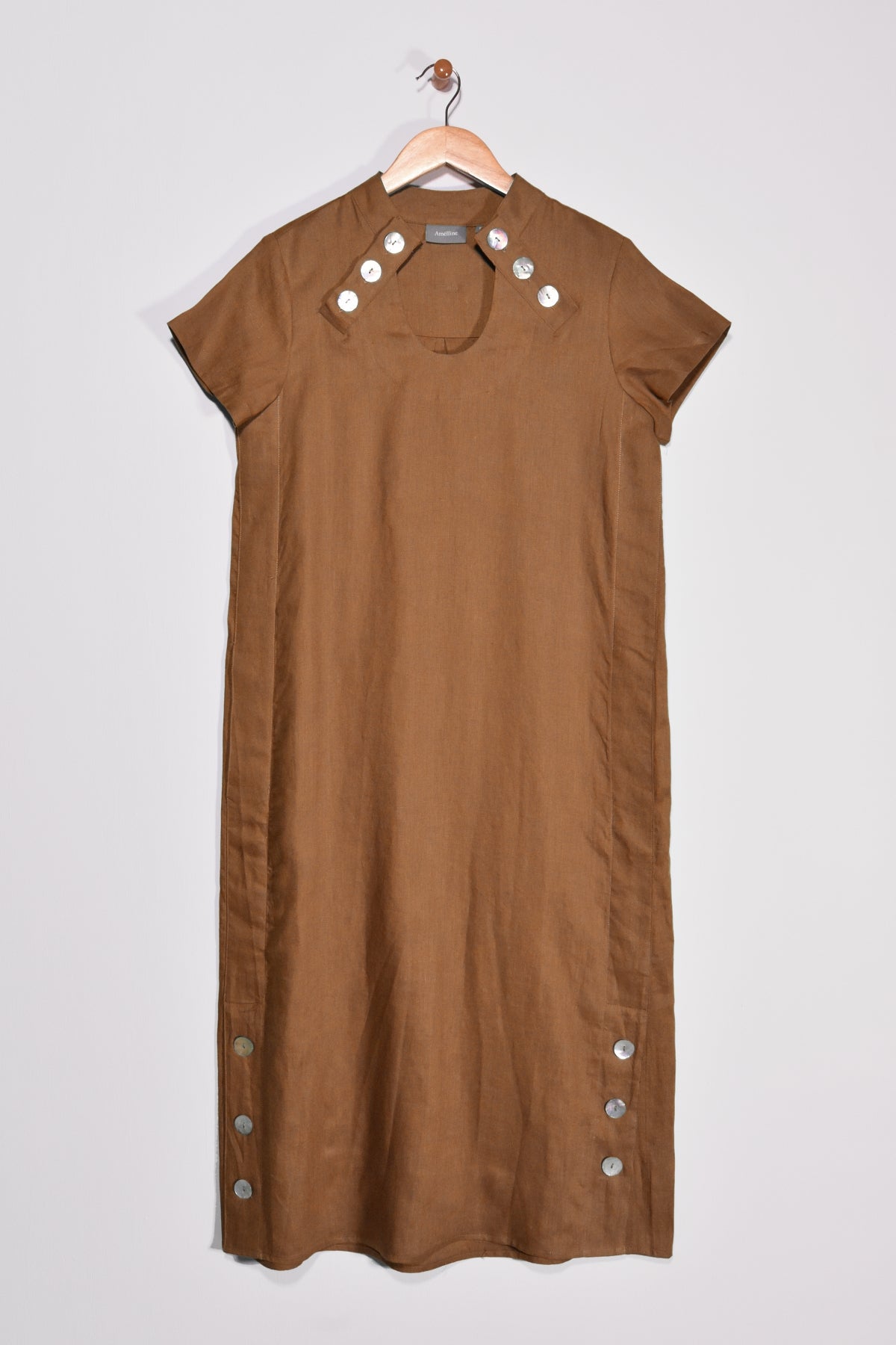 48" Short Sleeve U-Neck Dress with Button Details Amélline